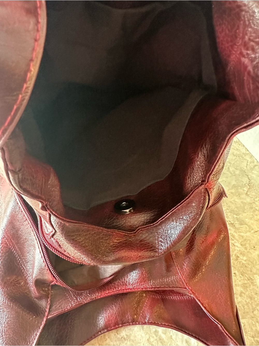 Burgundy Patchwork Hobo Bag Slouchy Vegan Leather Shoulder Purse Y2K Goth Grunge - Picture 6 of 14